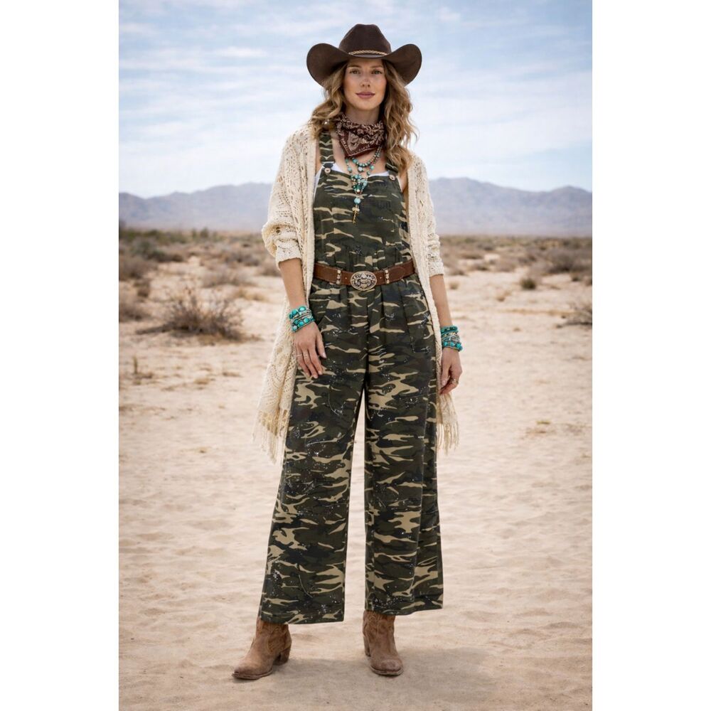 Blue Velvet Camo Print Wide Leg Overall Jumpsuit Green Paint Splatter NWT Sz S